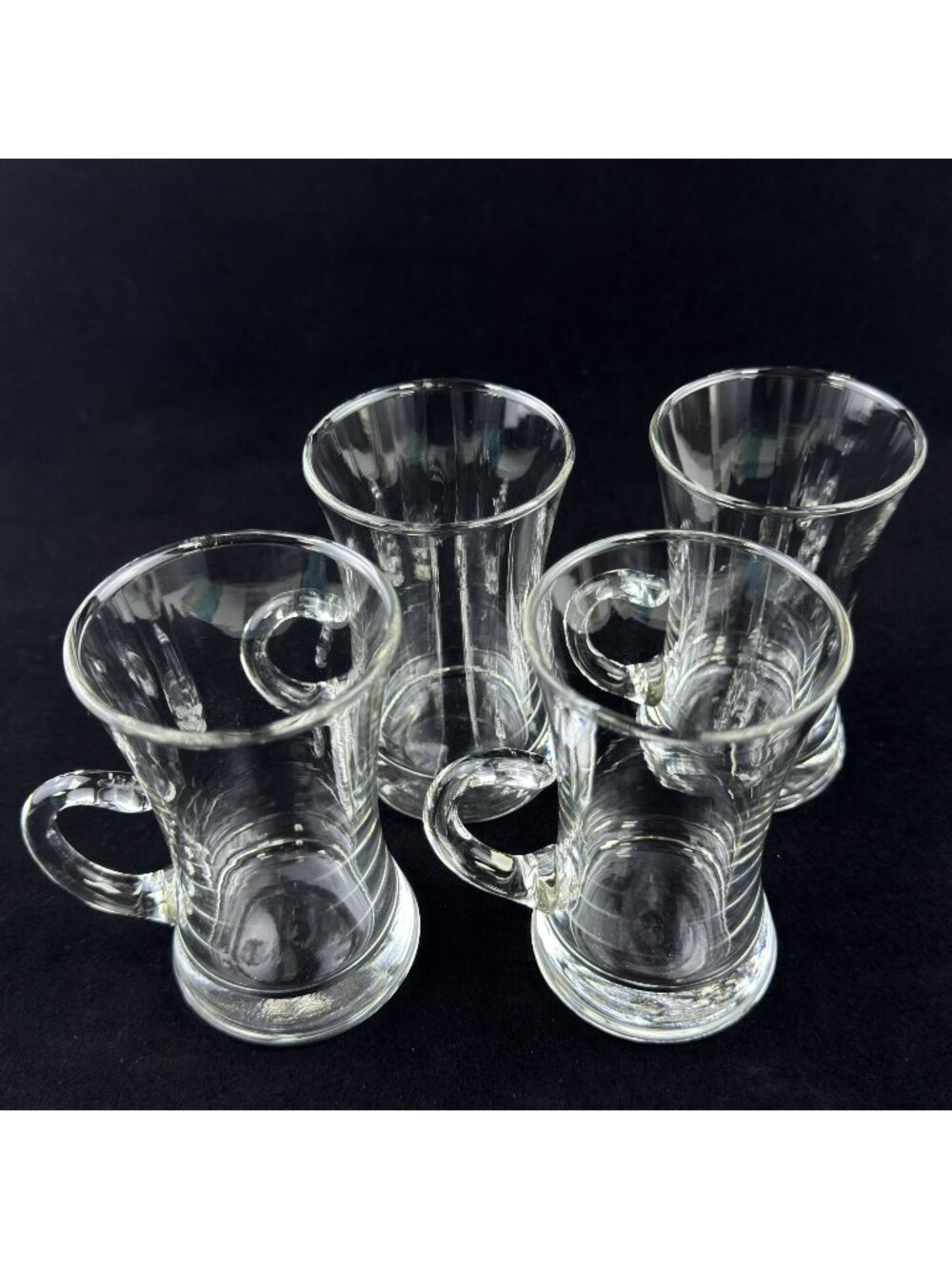 Set Of 4 Clear Glass Irish Coffee MugsCurved Handles Heavy Base Vintage Barware